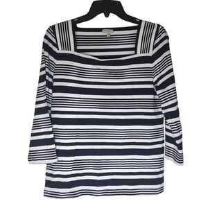 Talbots Petite MP Navy White Striped Square Neck 3/4 Sleeve Cotton Top coastal